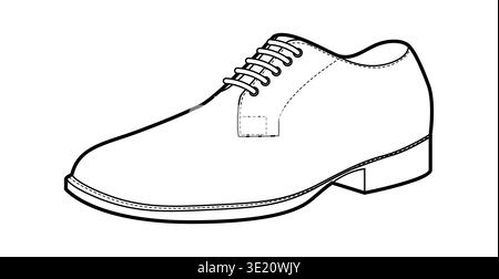 Blucher Spitze für Herren, einzelne Schuhlinie. Offene Schnürung Lederschuhe vielseitig elegant Freizeit Bürostil. Technische Illustration CAD Modell Skizze Vektor Frauen Unisex Umriss isoliert. Stock Vektor