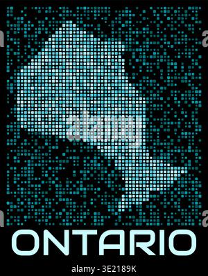 Digitale gepunktete Karte Ontario, Kanada. Form der Provinz in Cyan-Farbpalette auf dunklem Hintergrund. Futuristisches Kartendesign in Ontario, Kanada. Stock Vektor