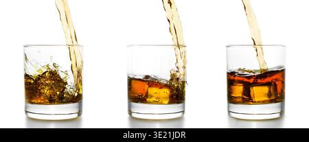 Drei Gläser mit Whiskey, der hineingießt Stockfoto