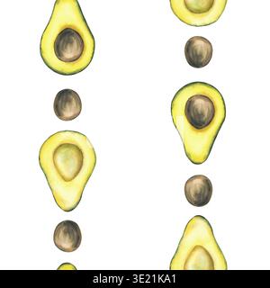 Nahtloses Avocado-Muster in Aquarellfarben. Ganze und geschnittene Fruchthälften mit und ohne Samen. Handgezeichnete Abbildung isoliert vom vertikalen Hintergrund Stockfoto