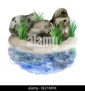 Eine handgezeichnete Aquarellillustration einer kleinen Insel mit dunkelgrauen Felsbrocken und grünem Gras, perfekt im blauen Wasser darunter reflektiert. Eine ruhige Atmosphäre Stockfoto