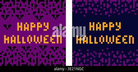 Pixelbeschriftung Happy Halloween Minimalist Flat Design Media Post Cover oder Grußkarten Musterset. Vektor-Illustration Halloween Thematische Karte oder Social Media Posts Vorlage Banner, Faltblatt, Etikett Stock Vektor
