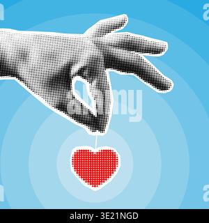 Trendiger Hintergrund mit Herz und Hand. Blauer Hintergrund zum Valentinstag. Moderne y2k-Collage und ausgeschnittene Elemente aus Papier Stock Vektor