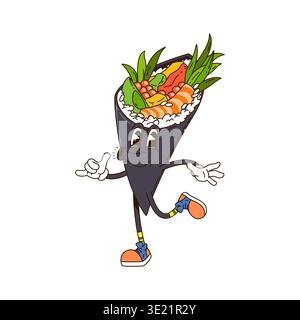 Grooviger japanischer Sushi-Temaki-Zeichentrickfigur Stock Vektor