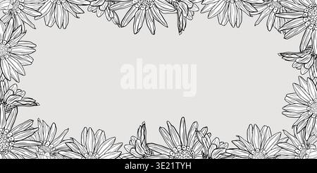Kompliziertes schwarzes und weißes Blumenmuster mit detaillierten Linien von Gerberas und Blättern mit leeren Flächen in der Mitte. Stock Vektor