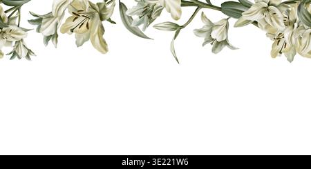 Vorlage der nahtlosen Grenze von weißen Lilien in Aquarell Clipart als Symbol der Reinheit und Unschuld. Dekoration für Beerdigung, Hochzeit, Kommunion Stockfoto