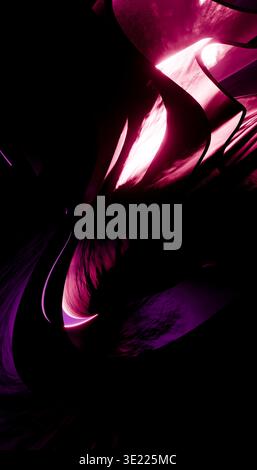 Abstrakte Formen mit fließenden Linien und lebhaftem rosa und lila Licht auf dunklem Hintergrund. Abbildung, Rendering Stockfoto