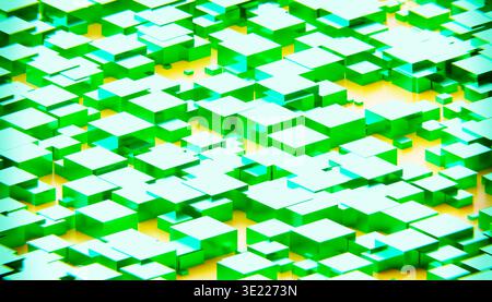 Abstraktes geometrisches 3D-Muster in Grün und Gelb mit überlappenden quadratischen Formen, Darstellung Stockfoto