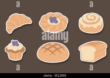 Bäckerei Aufkleber Pack mit Brot und süßen Gebäck Ikonen Vektor Illustration. Stock Vektor