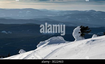 Schneebedeckte Berglandschaft mit fernen blauen Gipfeln unter bewölktem Himmel. Big White Mountain, British Columbia, Kanada Stockfoto
