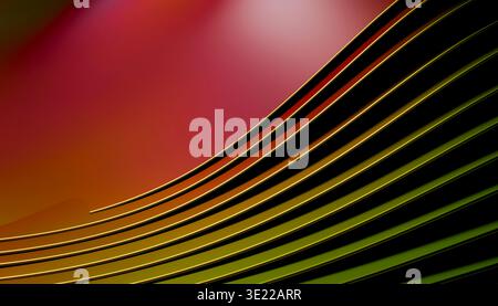 Abstrakte gekrümmte Linien mit einem Farbverlauf von Grün zu Rot auf glattem Hintergrund. Abbildung, Rendering Stockfoto