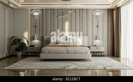 Modernes Schlafzimmer mit Doppelbett, Pflanzen, Nachttischen, Lampen und großen Fenstern. Abbildung, Rendering Stockfoto