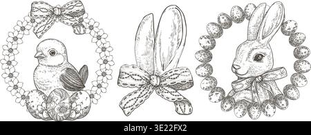 Set von Kaninchen und Baby-Küken mit Ostereierblume Hintergrund im niedlichen Vintage-Stil. Schwarz-weiß-Vektor-Feiertagskontur Kunst. Perfekt für Frühjahrsgrußkarten. Ideal für Aufkleber oder Kinderzimmer. Stock Vektor