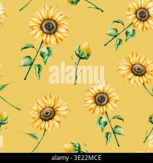 Gelbe Sonnenblumen mit nahtlosem Muster in warmen Herbsttönen. Botanische handgezeichnete Illustration isoliert auf Hintergrund. Ideal für die Saison Stockfoto