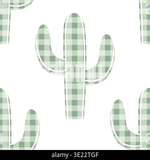 Nahtloses Muster mit karierten Kakteen-Silhouetten. Saguaro-Kaktus-Gingham-Hintergrund. Cartoon Wüste Vektor Illustration Stock Vektor