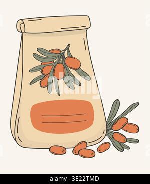 Sanddorn Papiertüte Verpackung. Bastelsack mit Beerenzweig und Etikett. Vektorabbildung. Bio-Lebensmittel, Vitamintee, Botanische Ernte. Branding Stock Vektor
