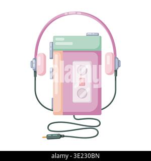 Eine nostalgische Vektorillustration eines persönlichen Kassettenspielers mit angebrachten rosafarbenen Over-Ear-Kopfhörern. Der farbenfrohe Retro-Stil erinnert an die Musik der 90er Jahre, porta Stock Vektor