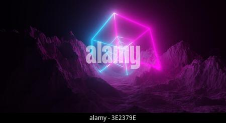 Berglandschaft mit rosa und blauem Neonlicht, die mehrere Drahtrahmen mit Würfeln, Retro-Technologie oder futuristischem Alien-Hintergrund-templ bietet Stockfoto