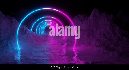 Berglandschaft mit rosa und blauem Neonlicht leuchtenden Kreisen oder Ringen, Retro-Technologie oder futuristischer Alien-Hintergrundvorlage, 3D Stockfoto