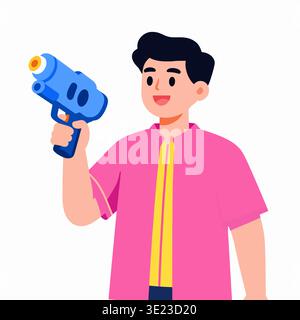 Flache Vektor-Illustration eines glücklichen südostasiatischen Mannes, der mit einer Wasserpistole während des Songkran Festivals feiert. Das Bild weist klare Linien und ein VI auf Stock Vektor