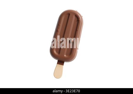 3D-Rendering eines Schokoladeneisstabs auf einem Stab mit Kondensationstropfen auf der Oberfläche, isoliert auf weiß. Stockfoto