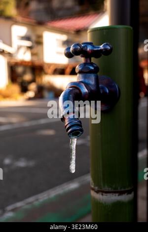 Ein einziger Tropfen Wasser fällt von einem antiken Messinghahn, der mit einem kleinen Eiszapfen auf einem hellgrünen Bambuspfosten verziert ist. Stockfoto