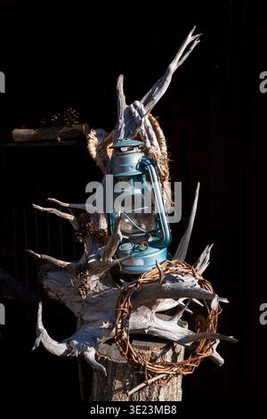 Ein rustikales Stillleben im Freien mit einer antiken blauen Kerosin-Lampe, einem Weinkranz und Tannenzapfen auf einem Baumstumpf. Stockfoto