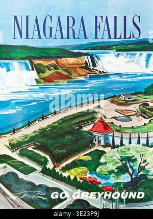 Dieses lebhafte Reiseposter aus den 1960er Jahren wirbt für „Niagarafälle“ als Reiseziel und fördert Reisen mit „Go Greyhound“. Die Illustration zeigt die majestätischen Wasserfälle neben einem wunderschön angelegten Park mit Gebäuden, Gärten und Besuchern, die die malerische Aussicht genießen. Stockfoto