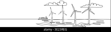 Kontinuierliche Linienzeichnung eines Offshore-Windparks, Strichgrafik-Vektorillustration Stock Vektor