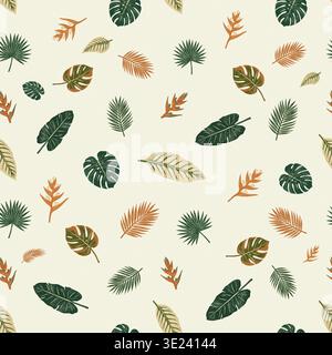 Ein stilvolles, nahtloses botanisches Muster mit stilisierten tropischen Monsterablättern, Palmweden und Helikonia-Blüten Stockfoto