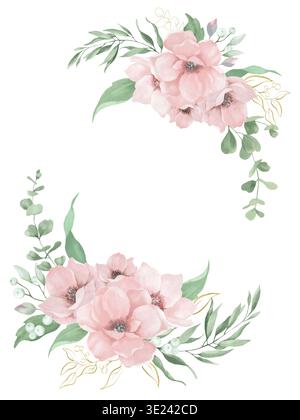 Handgemalter Aquarellrahmen mit rosa Blumen? Grüne Eukalyptusblätter auf weißem Hintergrund. Stockfoto