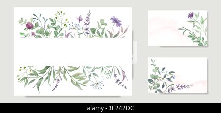 Set mit Aquarellrahmen und Vorlagen für Schreibwaren. Handgezeichnete Wildblumenränder mit Klee, Lavendel und Eukalyptus auf weißem Hintergrund. Stockfoto