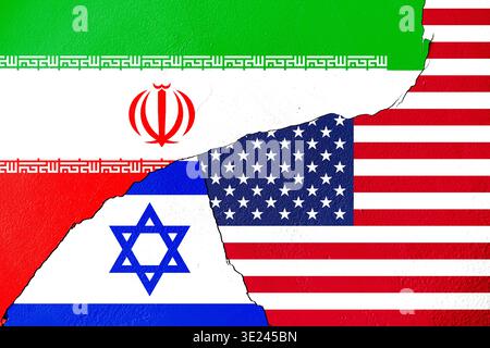 Iran USA Israel fahndet einen Konflikt an einer zerrissenen Mauer Stockfoto