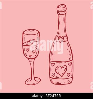 Eine entzückende Vektor-Illustration, die eine rote Champagnerflasche und ein Glas mit Herzmustern vor einem weichen rosa Hintergrund zeigt. Stock Vektor