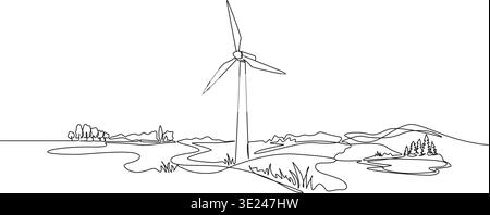 Kontinuierliche Linienzeichnung der Windkraftanlage auf dem Land, Liniengrafik-Vektor-Illustration Stock Vektor