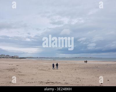 Hundeschlittenfahrer am Strand von Seaton Carew in Hartlepool, Teesside in England. Stockfoto