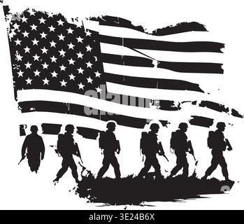 Soldaten Marschieren Unter Der Amerikanischen Flagge Silhouette Patriotische Militär Tribute Art Stock Vektor