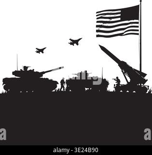 Military Silhouette Scene Mit Panzerjets Raketenflaggensoldaten Stock Vektor
