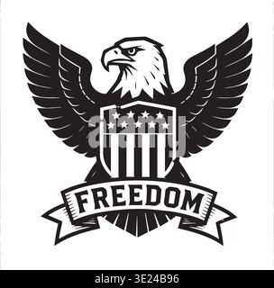 Patriotischer Weißkopfseeadler Mit Schild Und Freedom Banner Emblem Stock Vektor