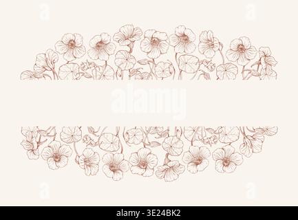 Vektor botanische Kapuzinerkresse Blume Line Art in Vintage Sepia Ton, Hand gezeichnete florale Grenze mit Blüten und Blättern, Retro Tinte Skizze für Hochzeit Stock Vektor