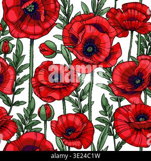 Scharlachrote Mohnblumen, nahtloses Vektormuster Stock Vektor