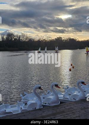 Schwan-Tretboote und Segelboote schweben auf dem ruhigen Wasser des Arrow Valley Lake in Redditch und unterstreichen die landschaftliche Schönheit und den kulturellen Charme. Stockfoto