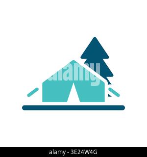 Ein Zelt neben einem Baum stellt eine einfache Zeltszene in flachem Stil dar. Diese Grafik passt zu Campingmarken, Outdoor-Abenteuermaterialien, Wanderführern und Stock Vektor