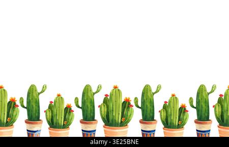 Nahtloser Rand mit Kakteen und Blumen. Aquarellillustration von Kakteen in blauen und braunen Töpfen, Zimmerpflanzen zur Dekoration. Stockfoto
