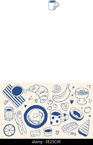 Buntstift-Frühstücksset. Niedliche Café-Menü-Doodle-Elemente. Handgezeichnete Sammlung von Kaffee, Tee, Croissant, Charakter, Banane, Tassen. Stock Vektor
