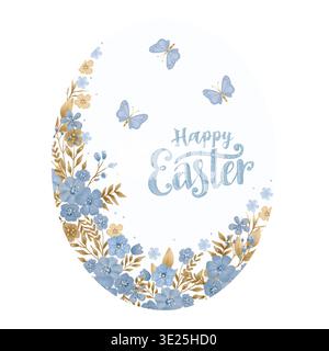 Ein zarter Blumenkranz in Aquarellfarben mit blauen und beigefarbenen Blumen, die einen weichen Rand auf weißem Hintergrund bilden. Stockfoto