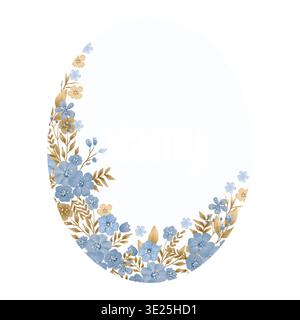 Ein zarter Blumenkranz in Aquarellfarben mit blauen und beigefarbenen Blumen, die einen weichen Rand auf weißem Hintergrund bilden. Stockfoto