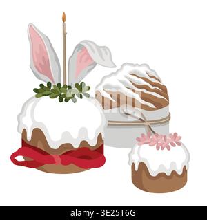 Handgezeichnete Osterkuchen-Komposition mit Schleife und Kerze, Ostergrußkartendesign oder Poster- oder Produktdesign Stock Vektor