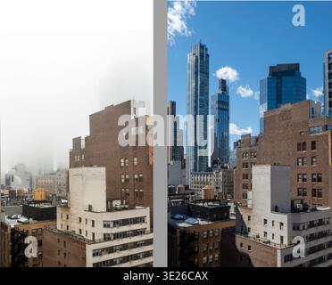 Kontrastreiche Aussicht auf Wolkenkratzer in Nomad an einem nebeligen Tag und einem klaren Tag, New York City, USA, 2026 Stockfoto