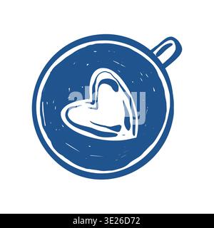 Handgezeichnete Illustration einer Kaffeetasse mit herzförmiger Creme. Vektorskizze im Vintage-Stil. Kaffeetasse Clipart in blauer Umrandung. Draufsicht Stock Vektor